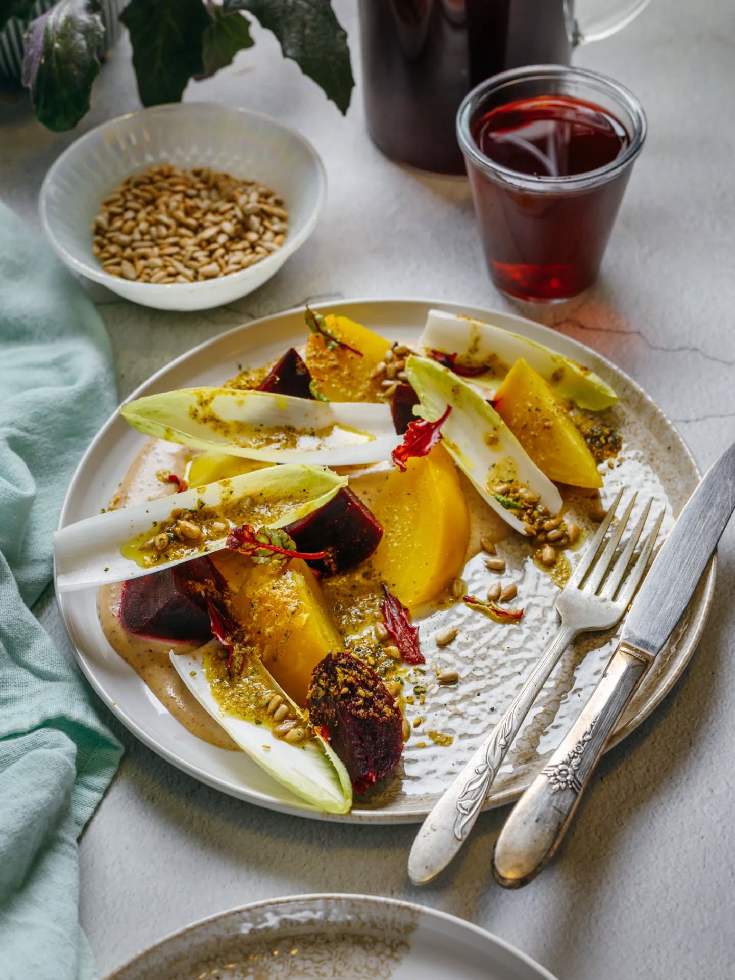 Roasted beet and endive salad with sunflower seeds