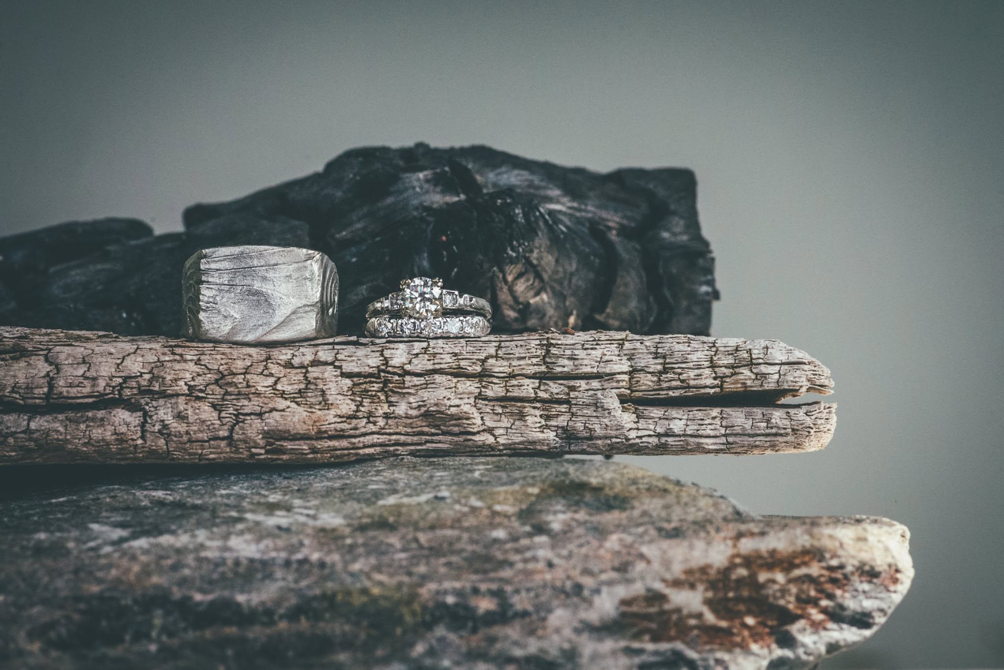 Wedding rings displayed on driftwood and stone
